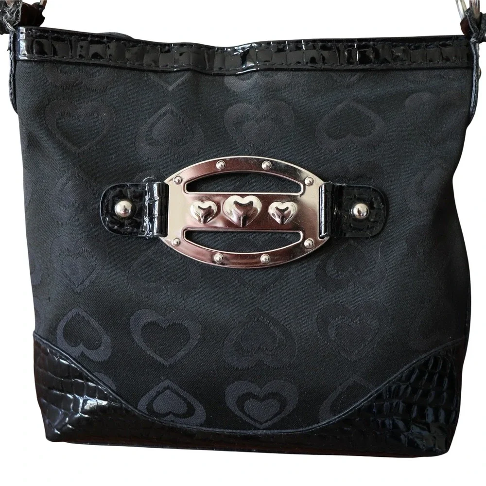 Black Hearts Pattern Y2K Crocodile Crossbody Shoulder Bag‎ Silver Buckle Vintage